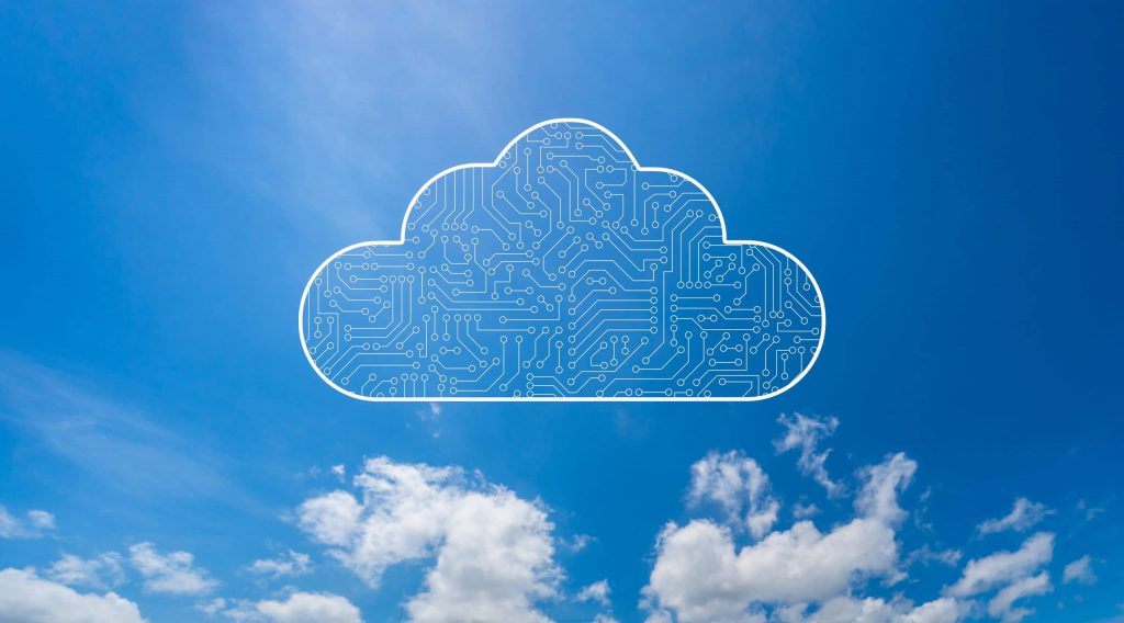 Virutal Cloud. A white outline of a cloud with white circuitry inside of it, in a blue sky.